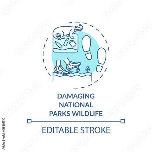 Damaging national parks wildlife concept icon. Green tourism challenges. Polluting natural environment idea thin line illustration. Vector isolated outline RGB color drawing. Editable stroke