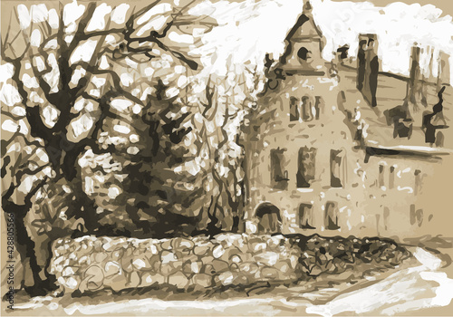 The baron's hunting lodge in Cesvaine, Latvia. Grisaille, monochrome, sepia, sketch.