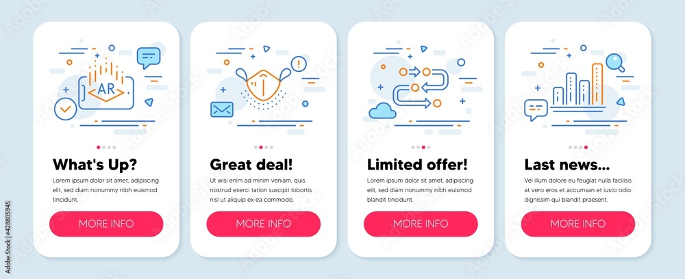 Set of Science icons, such as Methodology, Augmented reality, Medical mask symbols. Mobile screen banners. Graph chart line icons. Development process, Phone simulation, Respirator. Vector Set of Science icons, such as Methodology, Augmented reality, Medical mask symbols. Mobile screen banners. Graph chart line icons. Development process, Phone simulation, Respirator. Vector