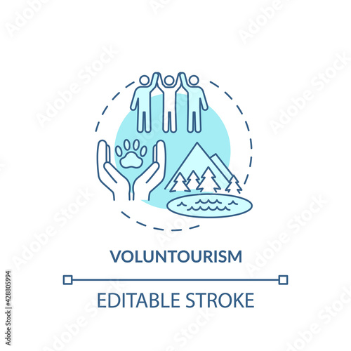 Voluntourism concept icon. Best sustainable tourism practices. Tourist spending holidays helping people idea thin line illustration. Vector isolated outline RGB color drawing. Editable stroke