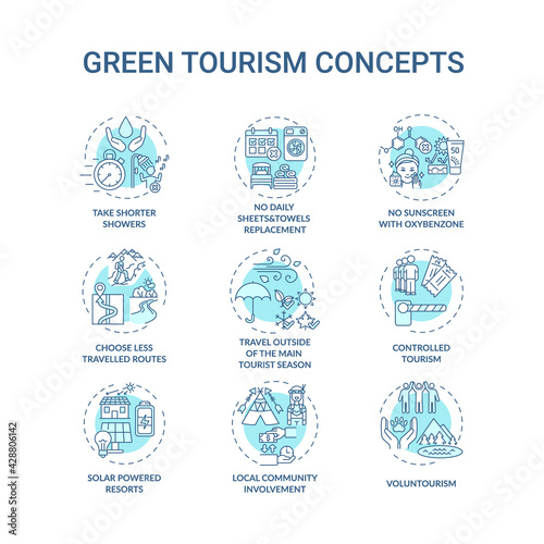Green tourism concept icons set. Reduce water consumption. No daily sheets and towels replacement idea thin line RGB color illustrations. Vector isolated outline drawings. Editable stroke