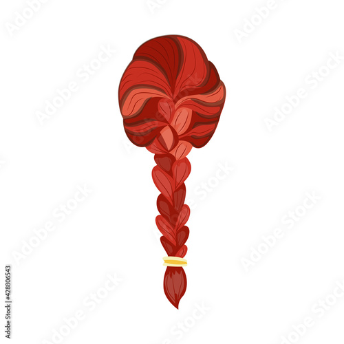 Back view female head or wig with long braid, flat vector illustration isolated.