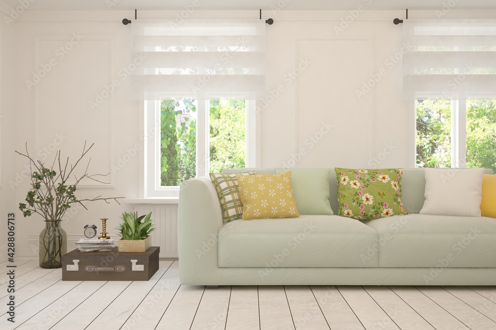 White living room with sofa and summer landscape in window. Scandinavian interior design. 3D illustration White living room with sofa and summer landscape in window. Scandinavian interior design. 3D illustration