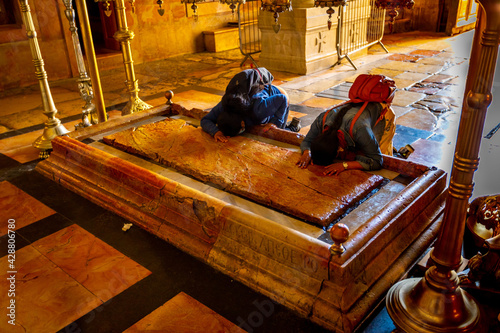 Church of the Holy Sepulchre. Stone of the Anointing of Jesus in the Holy Sepulchre  Jerusalem Israel April 2021