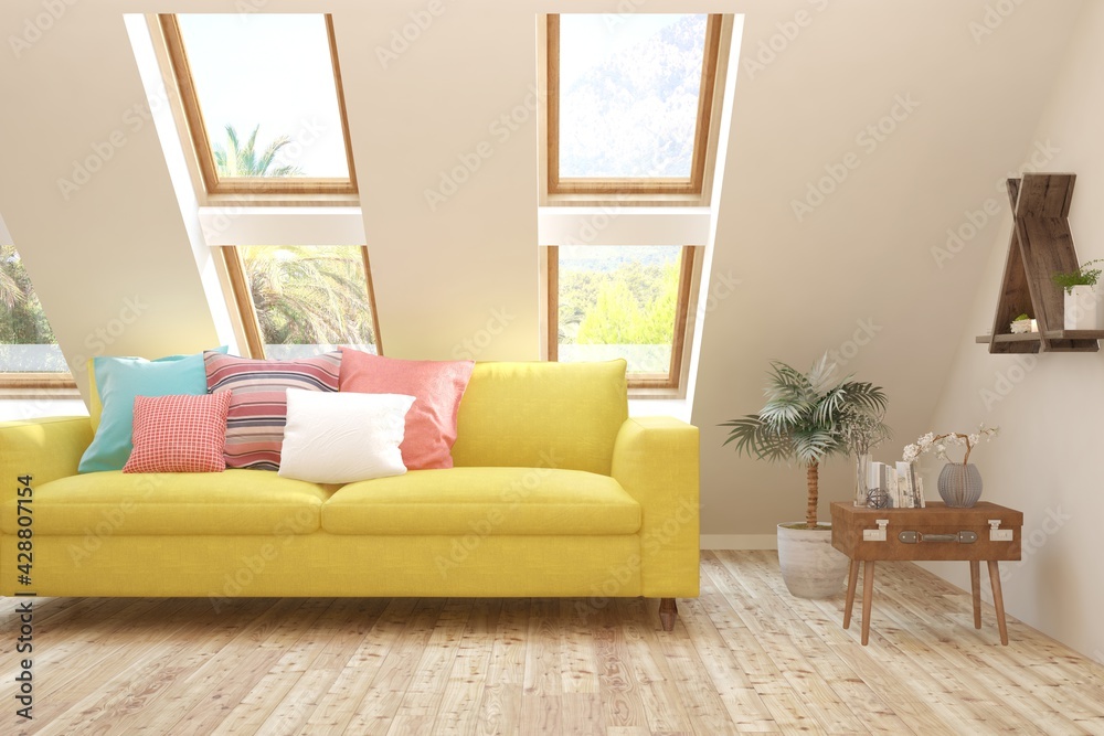 White living room with sofa. Scandinavian interior design. 3D illustration