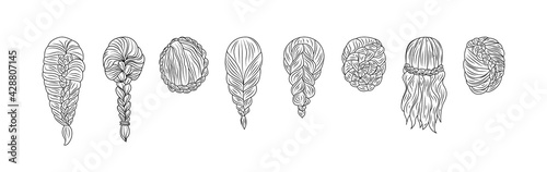 Set of female hairstyles with braids sketch vector illustration isolated.