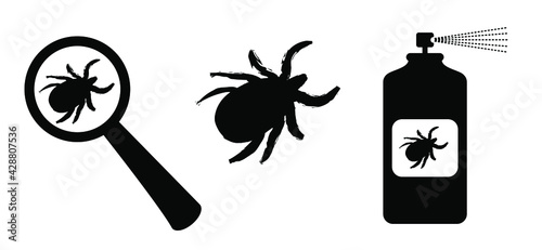 Magnifying glass, clues and spray icon. lyme disease prevention of ticks warning. tick attention. Stop sign. bite and infection insect virus for preventie. Insect, borrelia bites. photo