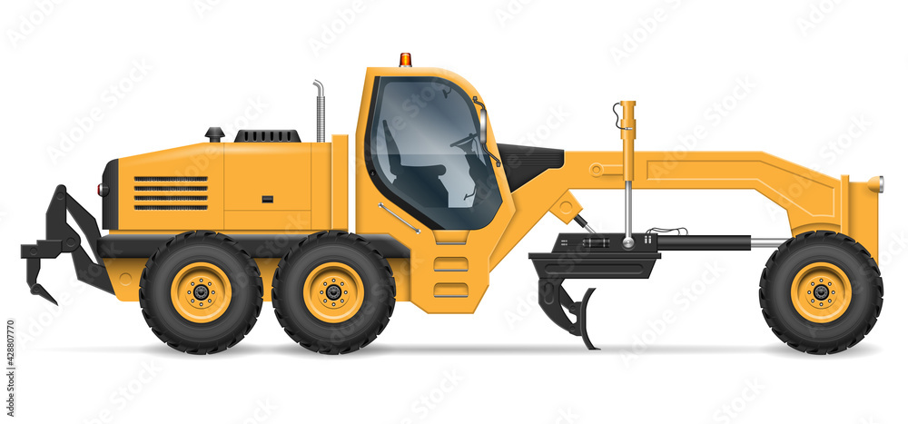 Motor grader vector illustration view from side isolated on white background. Construction and mining vehicle mockup. All elements in the groups for easy editing and recolor