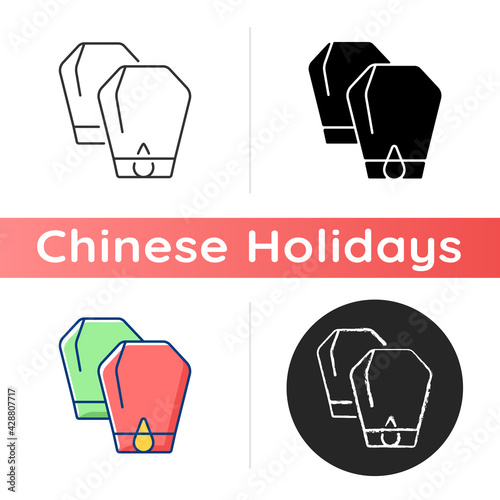 Lantern festival icon. Traditional chinese new year celebration. Honouring deceased ancestors. Full moon night. Peace and forgiveness. Linear black and RGB color styles. Isolated vector illustrations