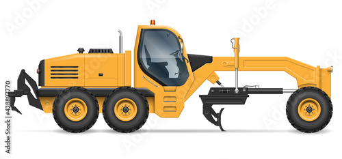 Motor grader vector illustration view from side isolated on white background. Construction and mining vehicle mockup. All elements in the groups for easy editing and recolor photo