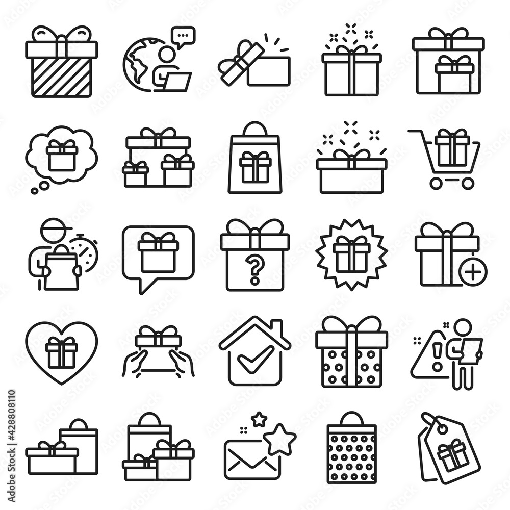 Gift line icons. Present box, Offer and Sale. Shopping cart, Tag and Chat. Speech bubble, Give a gift box, question mark, birthday discount. Shopping sale cart, present tag, delivery. Vector