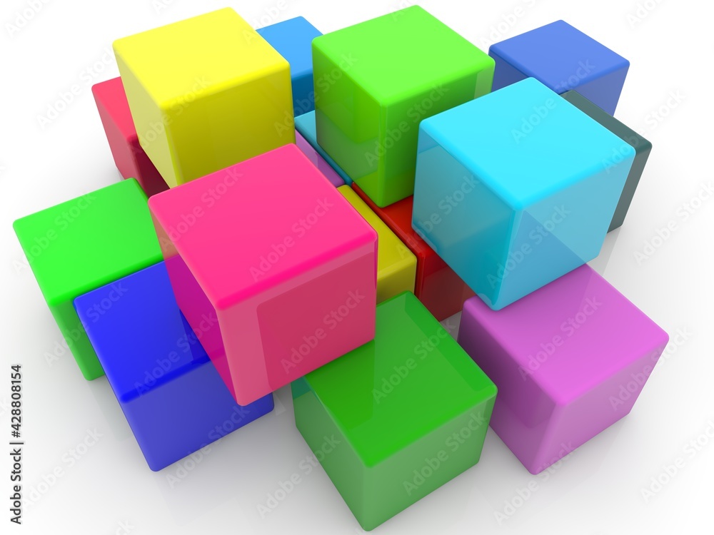 Colored toy blocks stacked on top of each other on white Colored toy blocks stacked on top of each other on white