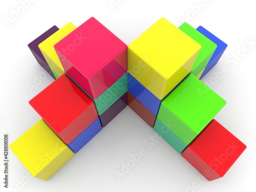 Abstract formation from colored toy blocks on white