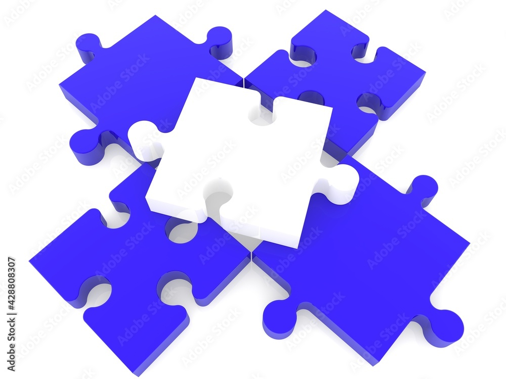 A piece of white puzzle on four pieces of blue puzzle