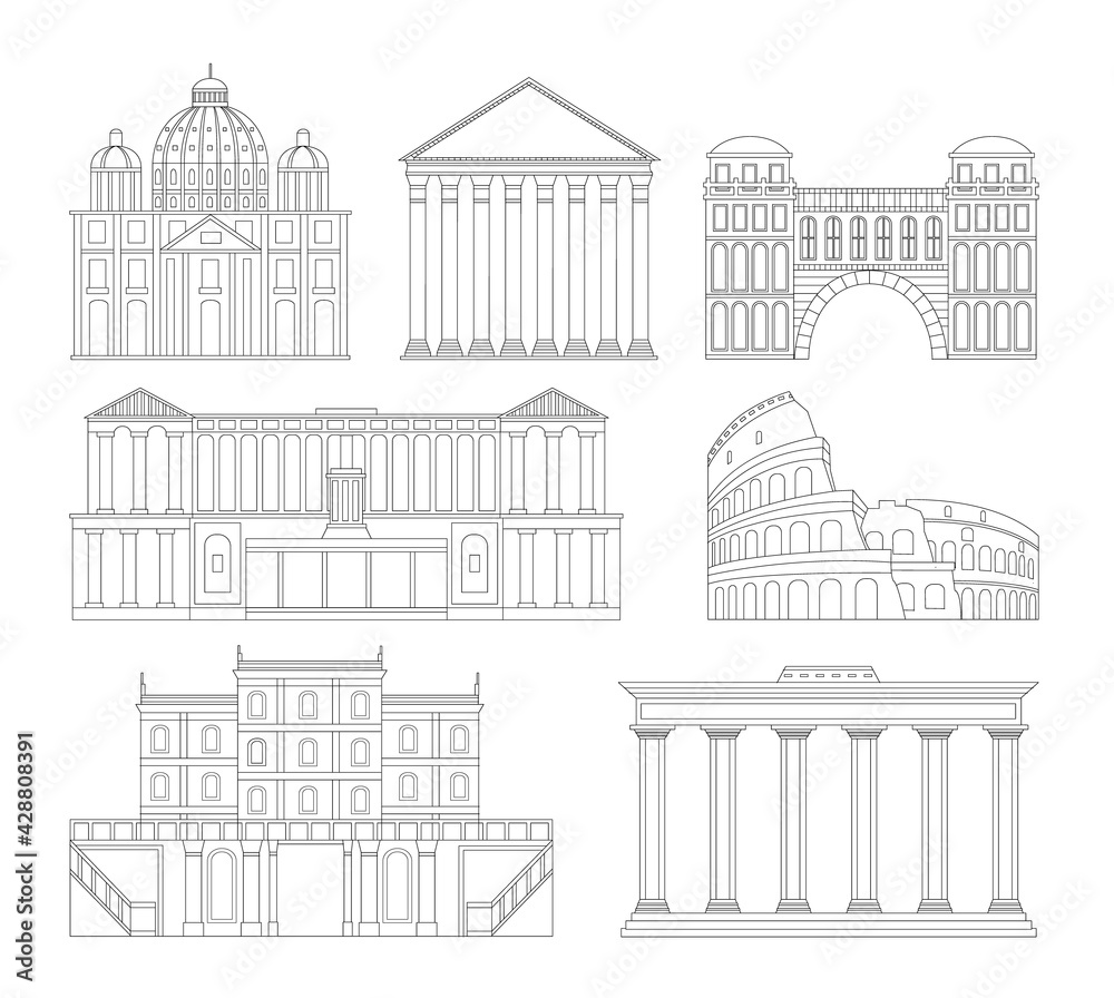 Set of hand-drawn thin line Rome buildings, vector illustration isolated.
