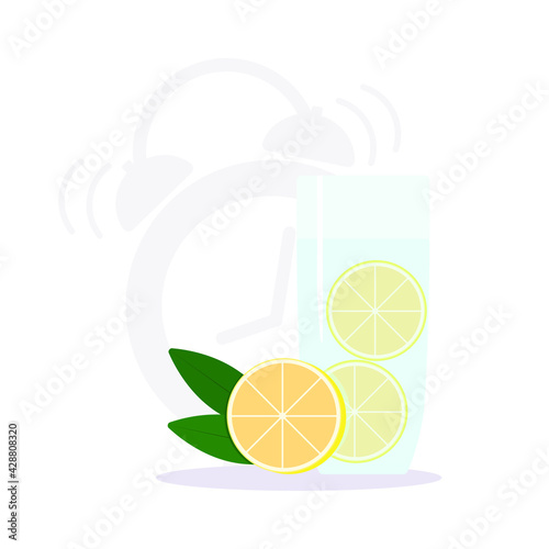 Half a lemon next to a glass of water on the background of the alarm clock. Vector illustration.