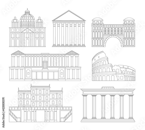 Set of hand-drawn thin line Rome buildings, vector illustration isolated.