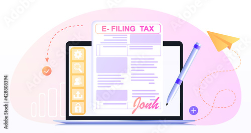 Filing and payment of income tax with online forms. digital tax reporting with e-form. tax bills apps. Data Center concept based. Web banner