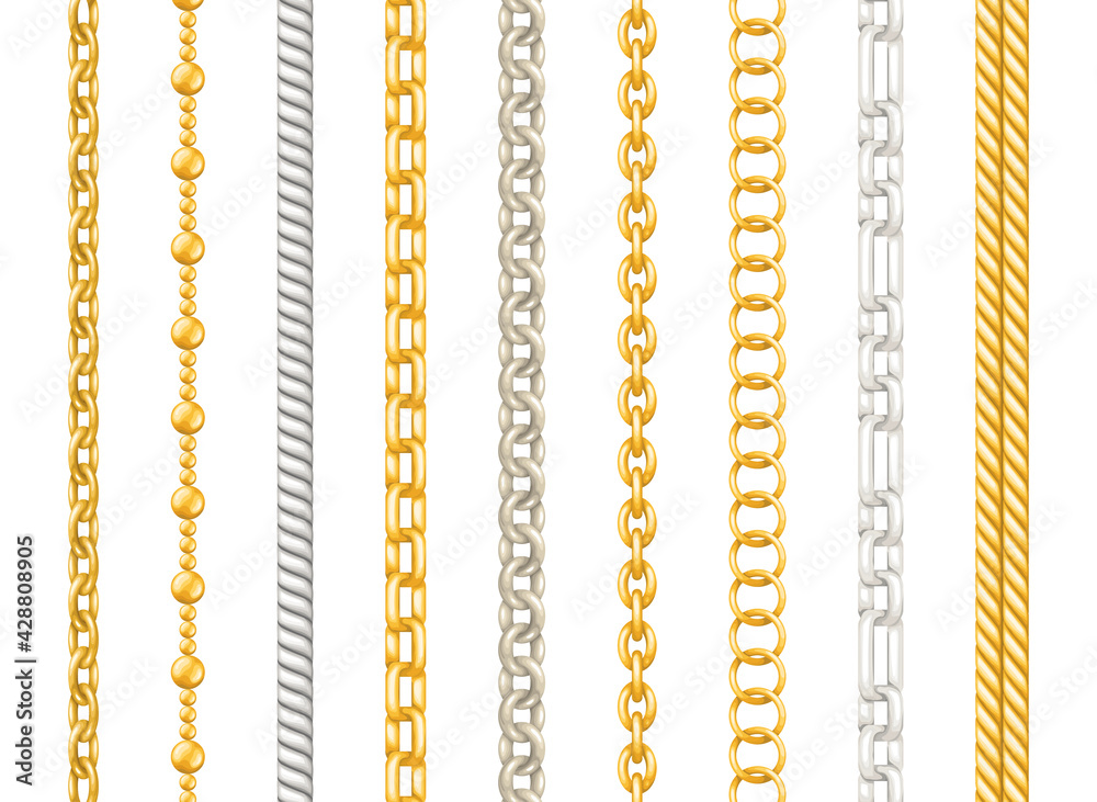 Realistic Detailed 3d Silver and Gold Metal Decorative Chains Set. Vector Realistic Detailed 3d Silver and Gold Metal Decorative Chains Set. Vector