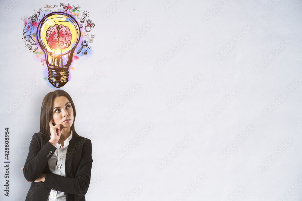 Puzzled businesswoman looking at the brain inside a lightbulb colorful sketch on a white background with empty copyspace in the right, idea and innovation concept, mock up Puzzled businesswoman looking at the brain inside a lightbulb colorful sketch on a white background with empty copyspace in the right, idea and innovation concept, mock up