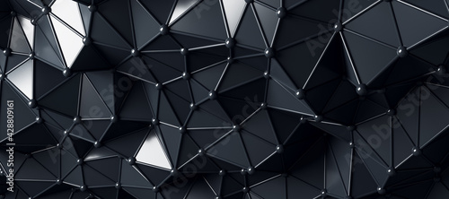 Abstract fashion wallpaper with black glossy geometrical triangles connected by lines and dots with plastic effect