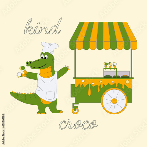 illustration of cheerful crocodile stands in a chefs cap and apron near an ice cream cart, inscription kind croco, alligator holds waffle cups eith ice cream in his hands