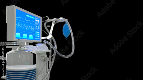 medicine 3d illustration, ICU lungs ventilator with bed 3d renders, isolated on black
