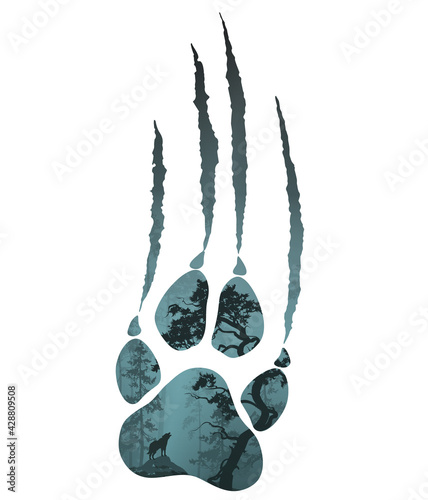 silhouette of a wolf paw with scratches. Inside a forest landscape with a howling wolf. White background isolated object  © kozerog2015