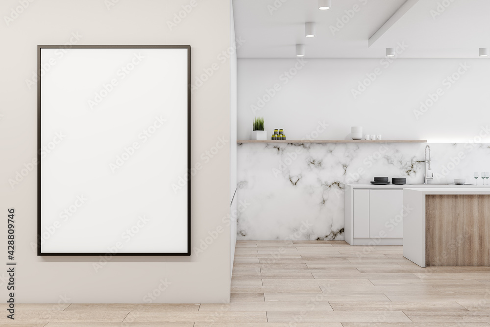 Modern cozy bright furnished kitchen with an empty banner on the beige wall, wooden parquet floor, interior design concept, 3d rendering, mock up
