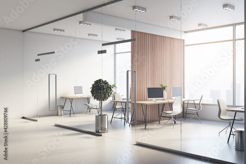Canvas Print Modern open space office behind glass walls with wooden floor, stylish furniture