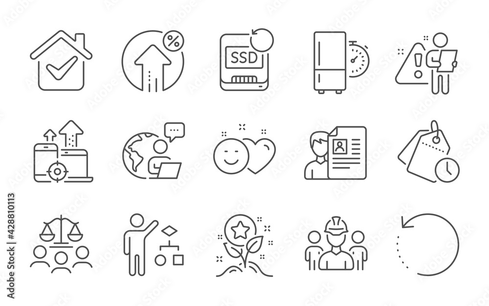 Smile, Loan percent and Recovery ssd line icons set. Algorithm, Seo devices and Time management signs. Engineering team, Court jury and Recovery data symbols. Line icons set. Vector