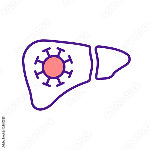 Liver cancer RGB color icon. Chronic virus infection. Hepatocellular carcinoma. Cirrhosis, hepatitis. Alcohol abuse and high cholesterol level. Affected blood vessels. Isolated vector illustration