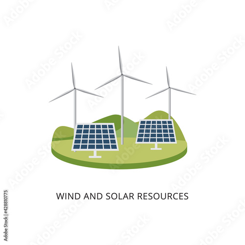 Windmill generators and solar power panel systems, vector illustration isolated.