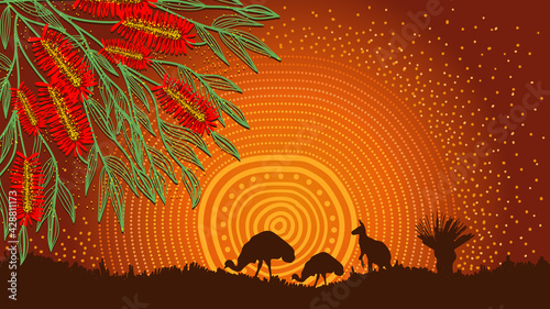 Aboriginal nature painting with red bottle brush