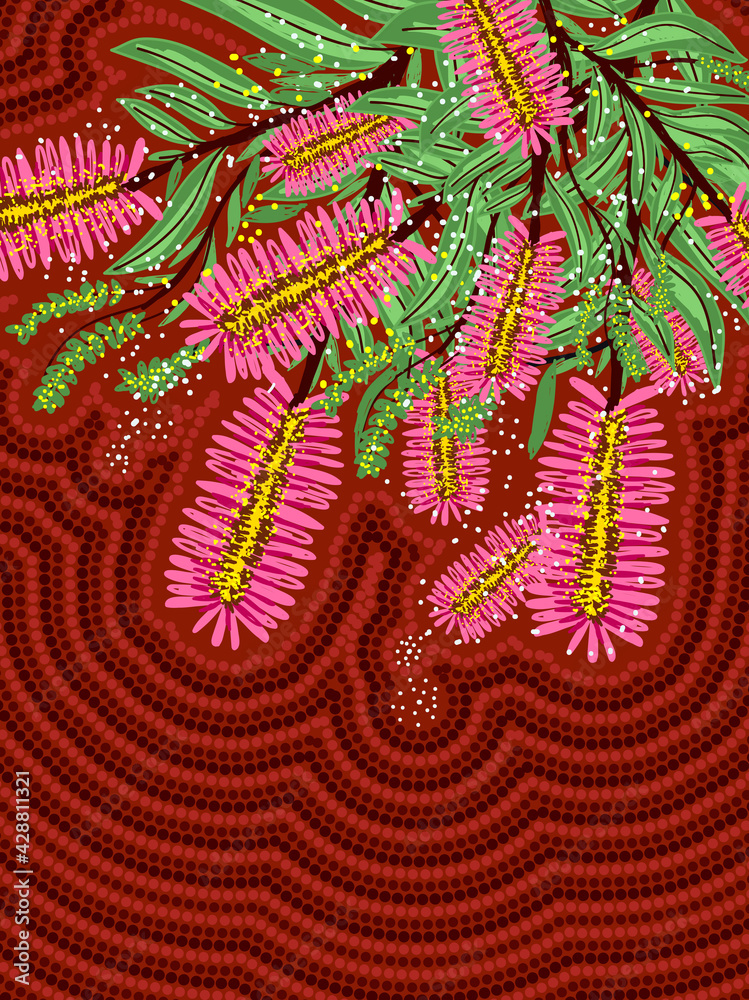 Naklejka premium Pink bottle brush aboriginal artwork