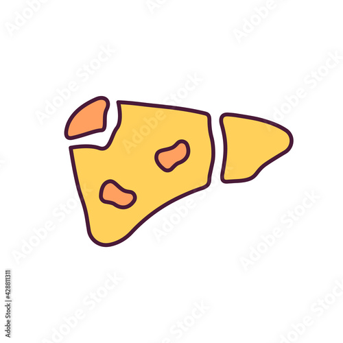 Hepatic failure RGB color icon. Liver cell inflammation and damage. Abdominal pain and swelling. Severe internal complications. Enlarged, inflamed liver. Isolated vector illustration