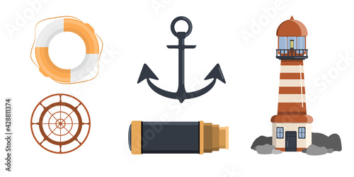 Set of 5 sea attributes - a lifebuoy, a steering wheel, an anchor, a telescope and a lighthouse. 
The elements are isolated on a white background. Vector graphics.
