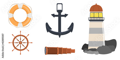 Set of 5 ancient sea attributes - a lifebuoy, a steering wheel, an anchor, a telescope and a lighthouse. 
The elements are isolated on a white background. Vector graphics.