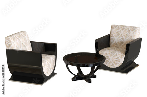 Pair of Art Deco style armchairs with cofe table isolated white photo