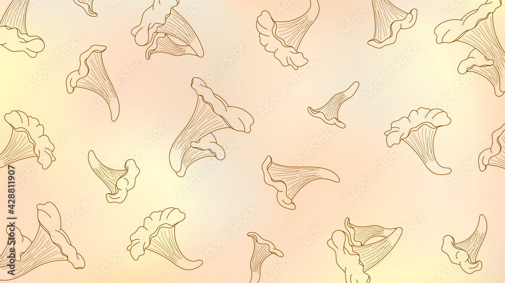 Blurry beige background with chanterelle outlines. Mushroom cream soup