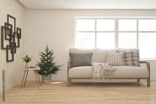 White living room with sofa. Scandinavian interior design. 3D illustration