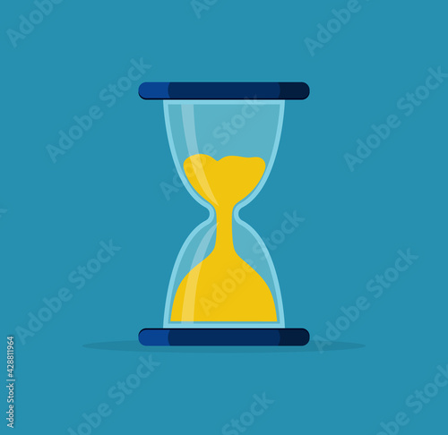 Hourglass. Sand clock in glass. Sandglass for time, timer, watch. Icon of hour. Sandclock for countdown. Stopwatch for running. Blue frame of hourglass with golden sand. Concept of deadline. Vector.