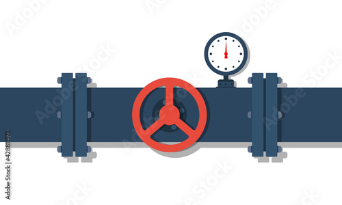 Valve gas on pipeline. Pipe of water with valve and meter of pressure. Red faucet on pipe with oil. System of pipeline with tap, pump and manometer for industry. Construction of steel tube. Vector