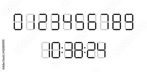 Digital time clock. Numbers for timer, calculator and watch display. Font of digit for counter. Black numbers isolated on white board. Type of digits for countdown. Web graphic for clock. Vector