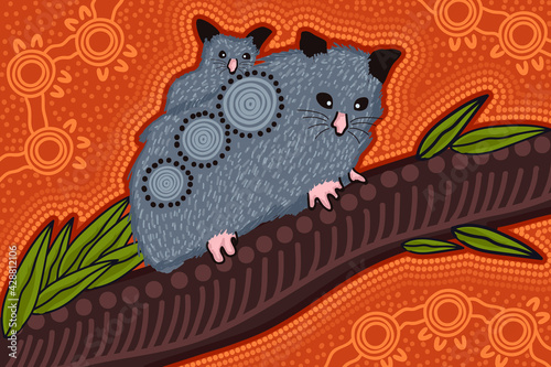 Possum with baby - aboriginal art