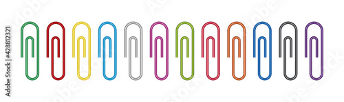 Clip paper for memo. Metal paperclip for office. Staple for attach of paper. Supplies for school. Color stationery isolated on white background. Set of holder or clamp. Design of equipment. Vector