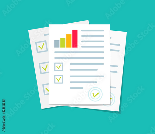 Audit, financial report and research. Document of analyze with chart of result. Icon for data, auditor and verification. Audit paper for accountant. Sheet of tax, risk and control. Vector