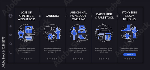 Liver dysfunction signals onboarding vector template. Responsive mobile website with icons. Web page walkthrough 5 step screens. Jaundice, dark urine night mode concept with linear illustrations