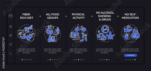 Hepatic health onboarding vector template. Responsive mobile website with icons. Web page walkthrough 5 step screens. Smoking cessation, fiber-rich diet night mode concept with linear illustrations