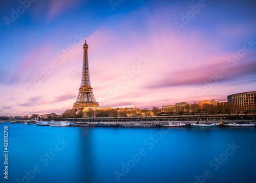 Eiffel Tower and the Seine river at Sunset, Paris